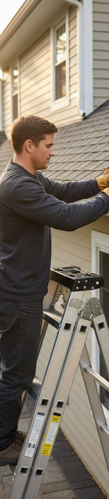 Homeowner safely cleaning leaves and debris from a congested gutter system on a sunny day to prevent roof damage.