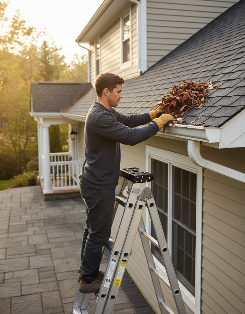 Homeowner safely cleaning leaves and debris from a congested gutter system on a sunny day to prevent roof damage.