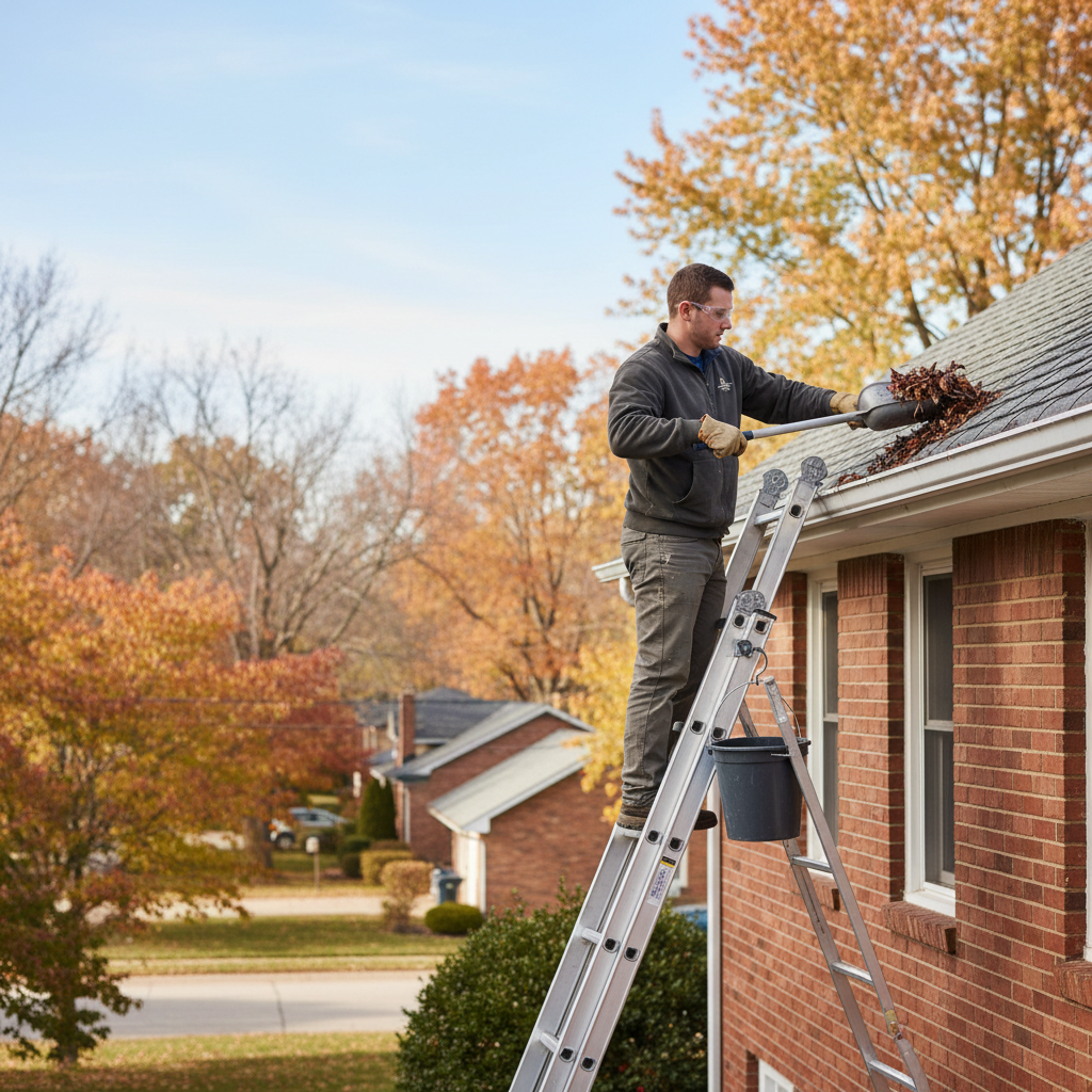 Homeowner cleaning clogged gutters with leaves and debris on a sturdy ladder protecting the roof.