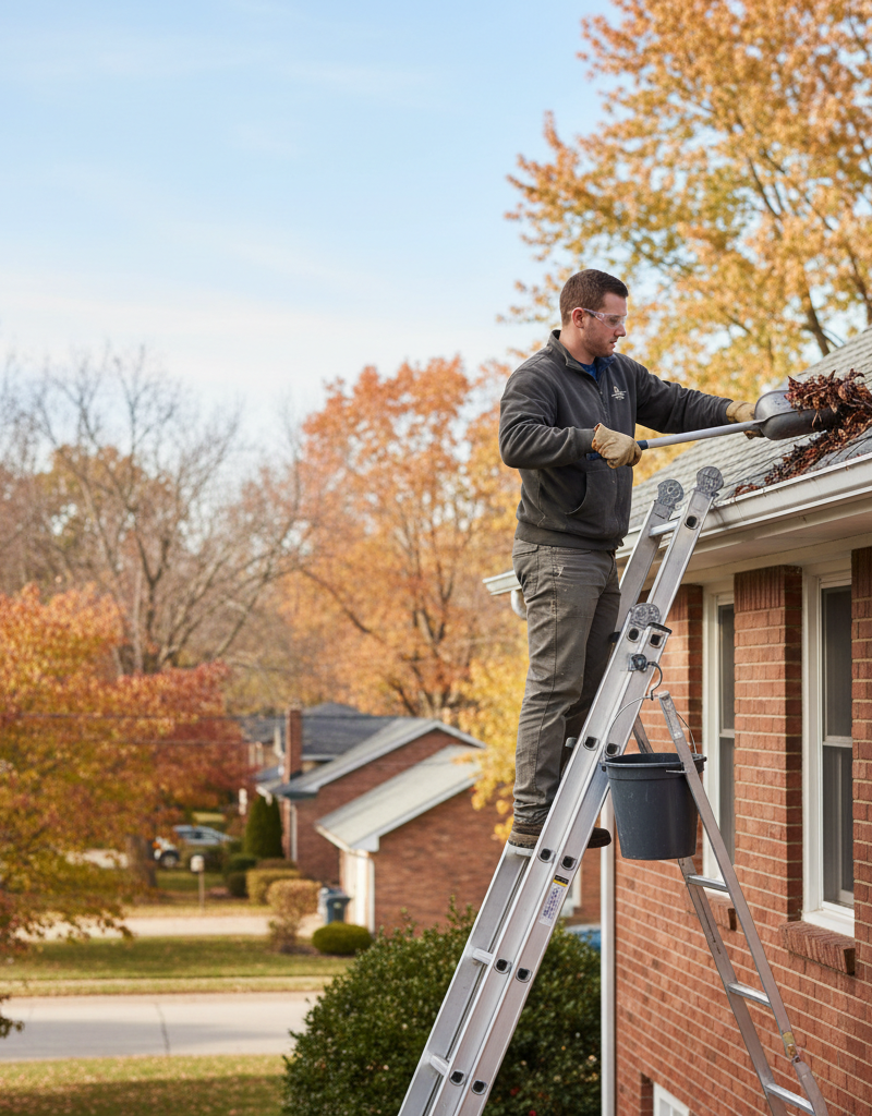Homeowner cleaning clogged gutters with leaves and debris on a sturdy ladder protecting the roof.