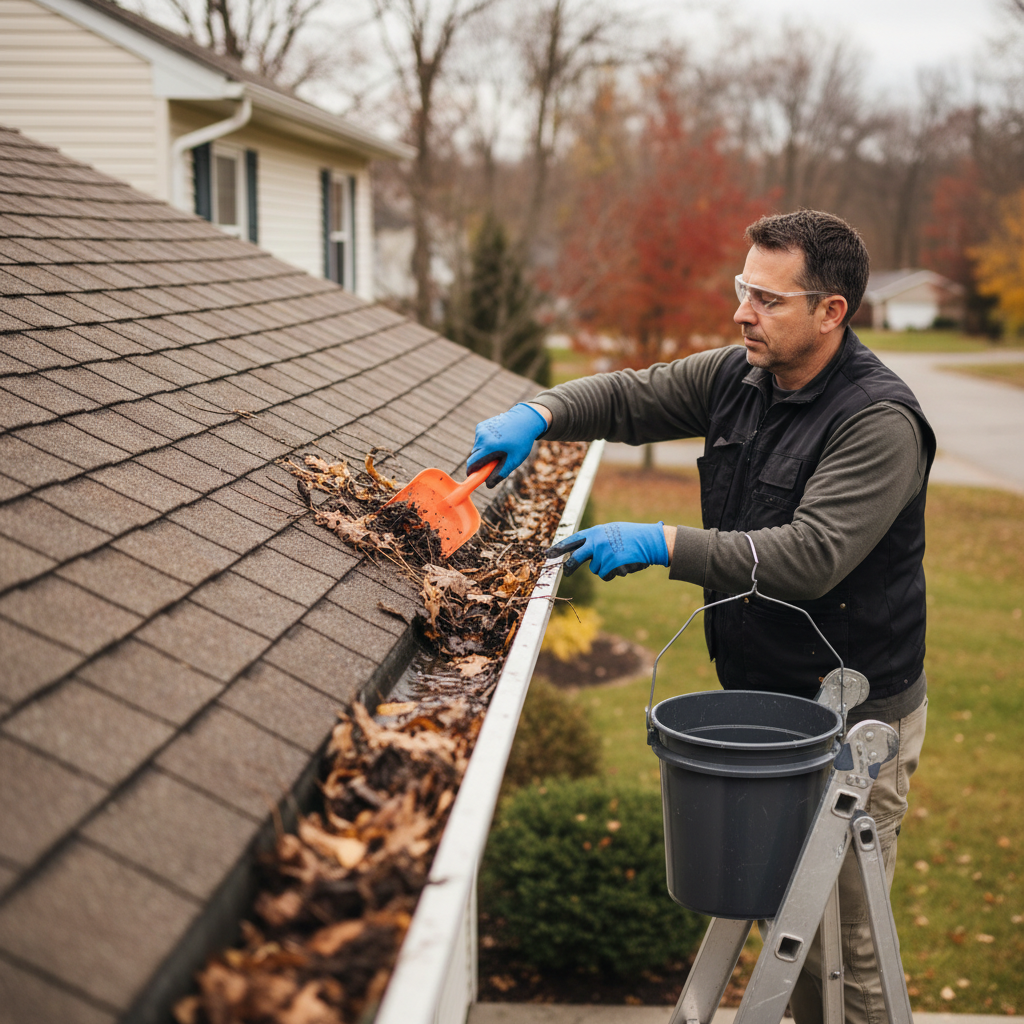 Homeowner safely cleaning a clogged rain gutter filled with wet leaves to prevent roof damage.