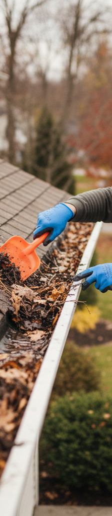Homeowner safely cleaning a clogged rain gutter filled with wet leaves to prevent roof damage.