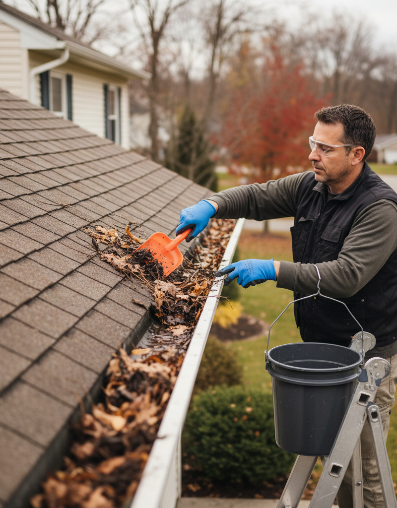 Homeowner safely cleaning a clogged rain gutter filled with wet leaves to prevent roof damage.