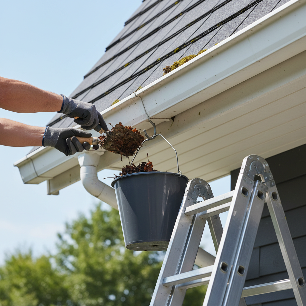 Homeowner on ladder cleaning leaves and sludge from a gutter to prevent roof damage