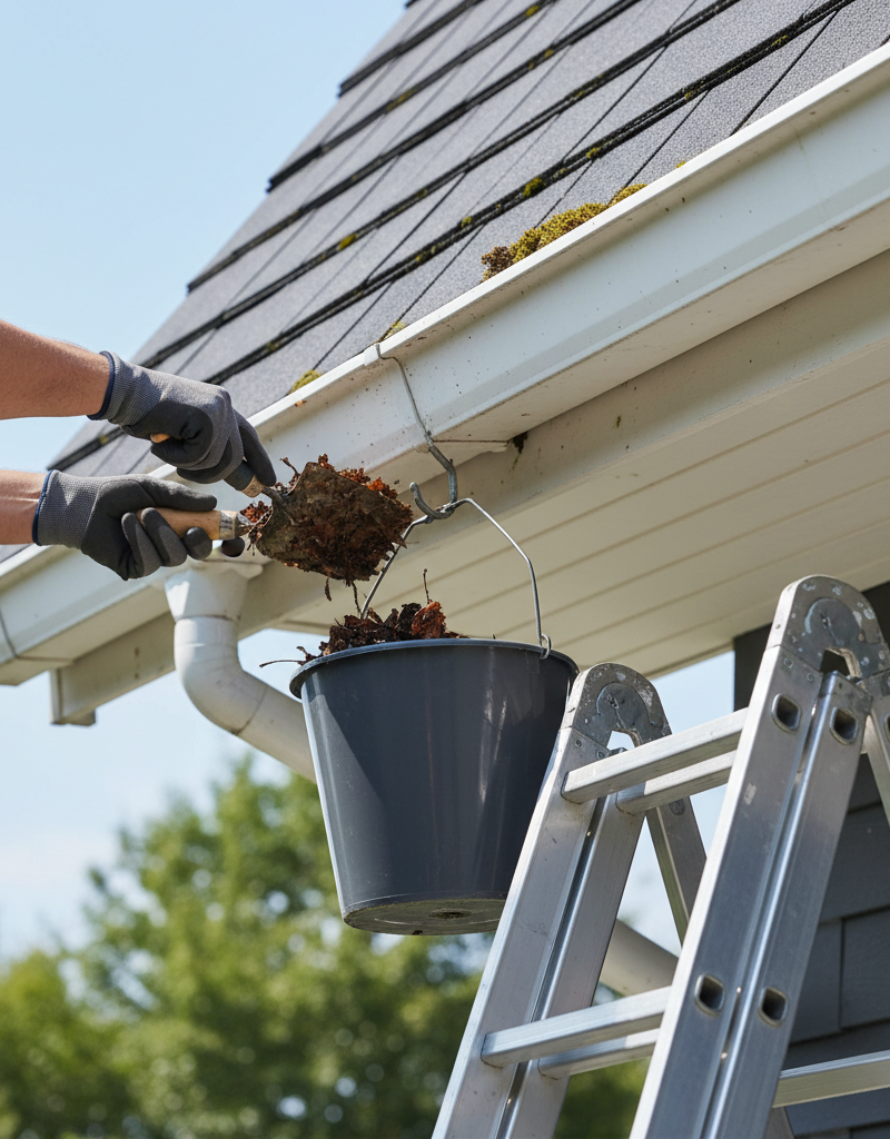 Homeowner on ladder cleaning leaves and sludge from a gutter to prevent roof damage