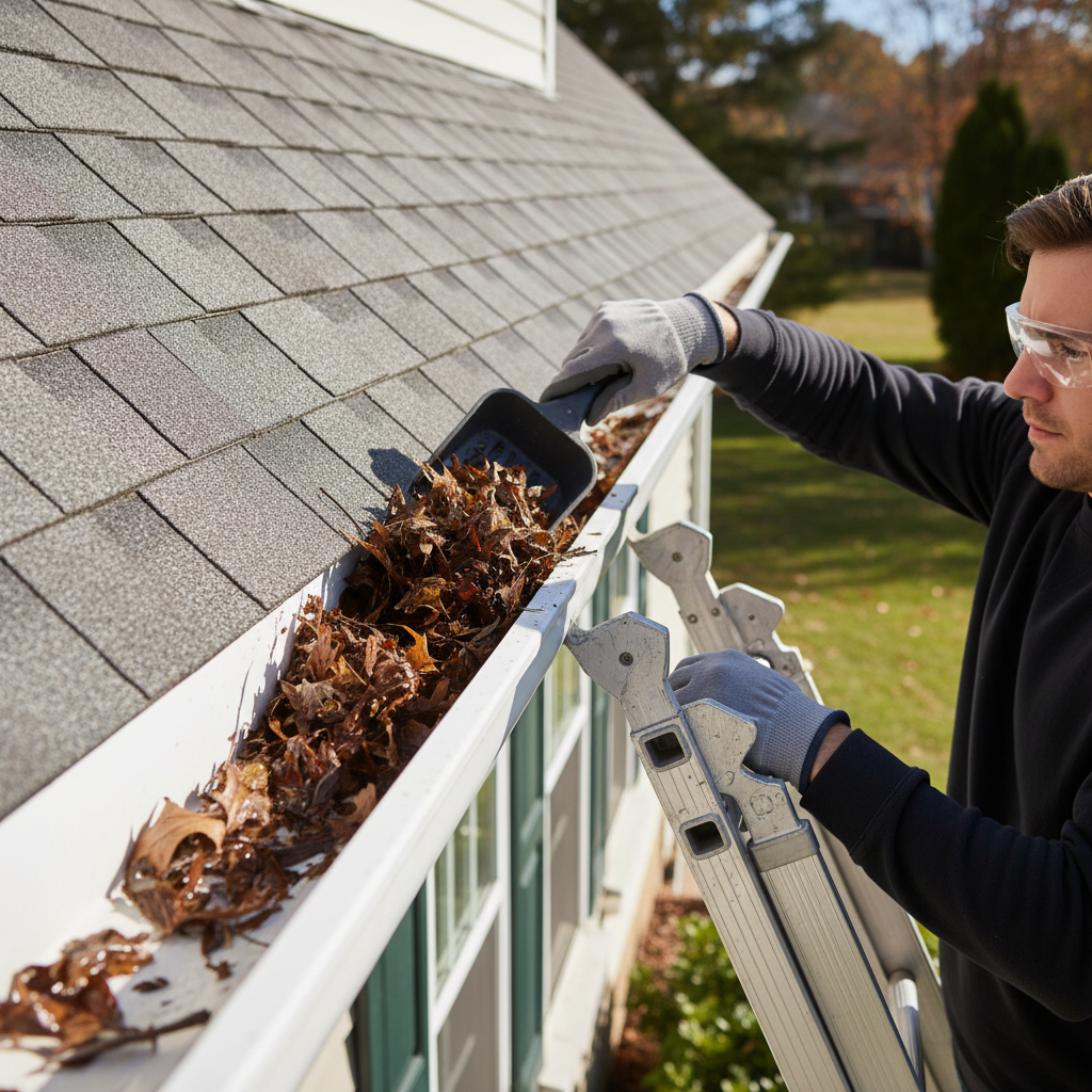 Homeowner on a ladder cleaning leaves and debris from a house gutter to prevent roof damage.