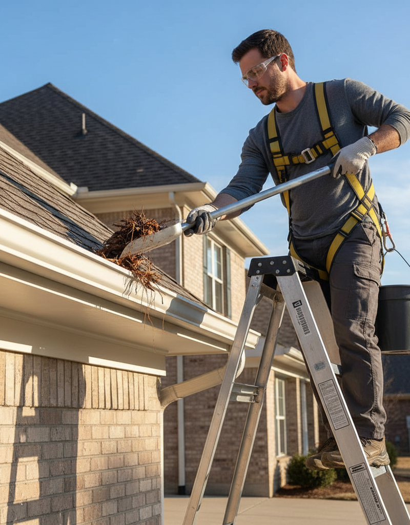 Homeowner on ladder cleaning leaves from a gutter to prevent roof damage