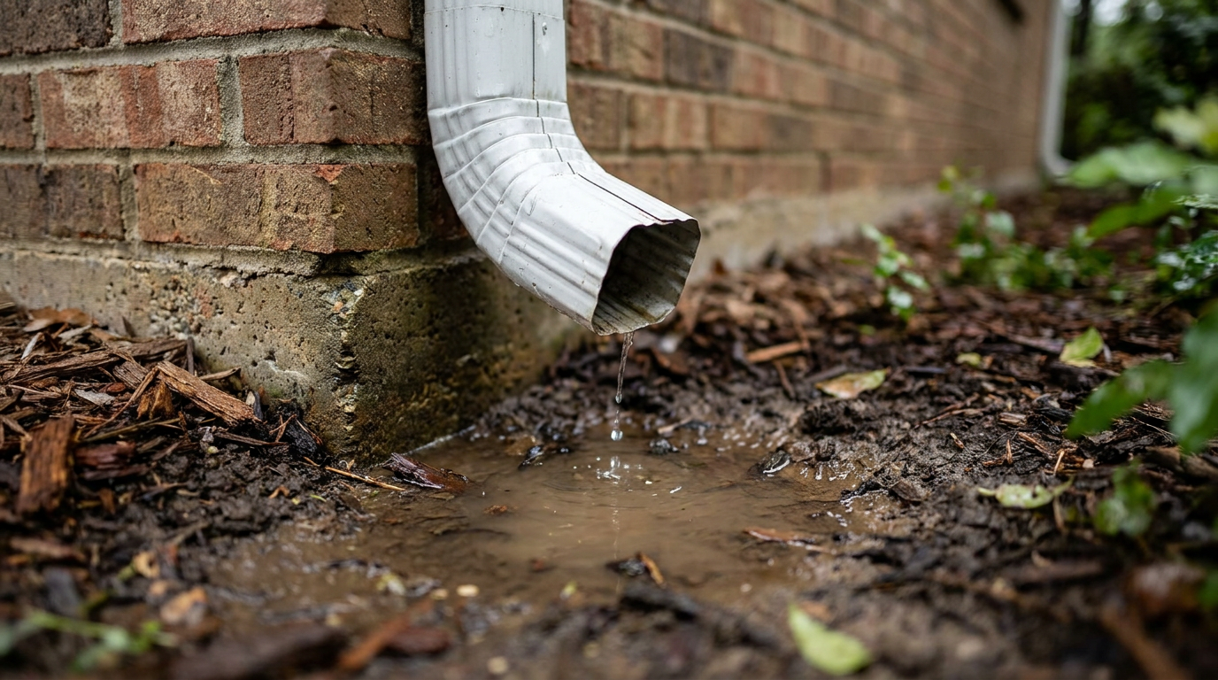A white gutter downspout draining water too close to a home's foundation.