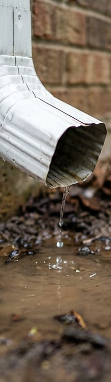 A white gutter downspout draining water too close to a home's foundation.