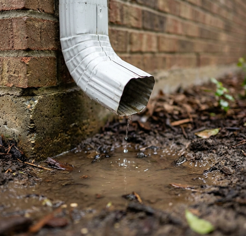 A white gutter downspout draining water too close to a home's foundation.