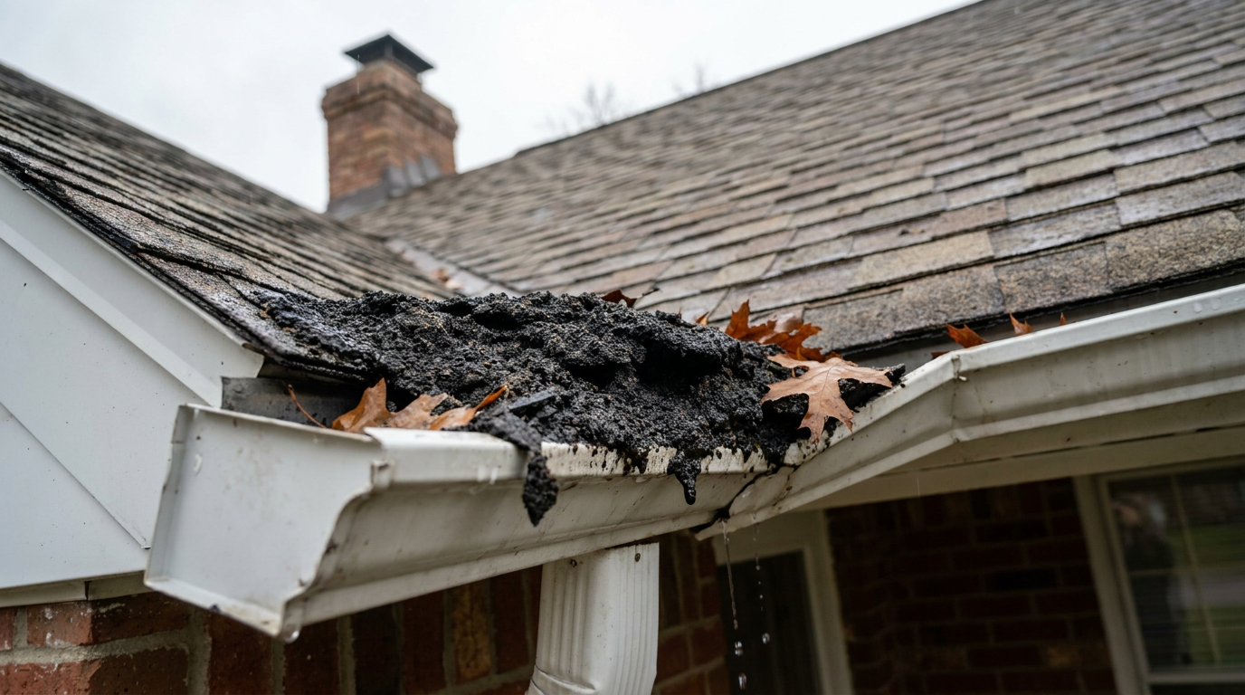 A house gutter clogged with a thick layer of black shingle granules washed down from the roof after a storm.
