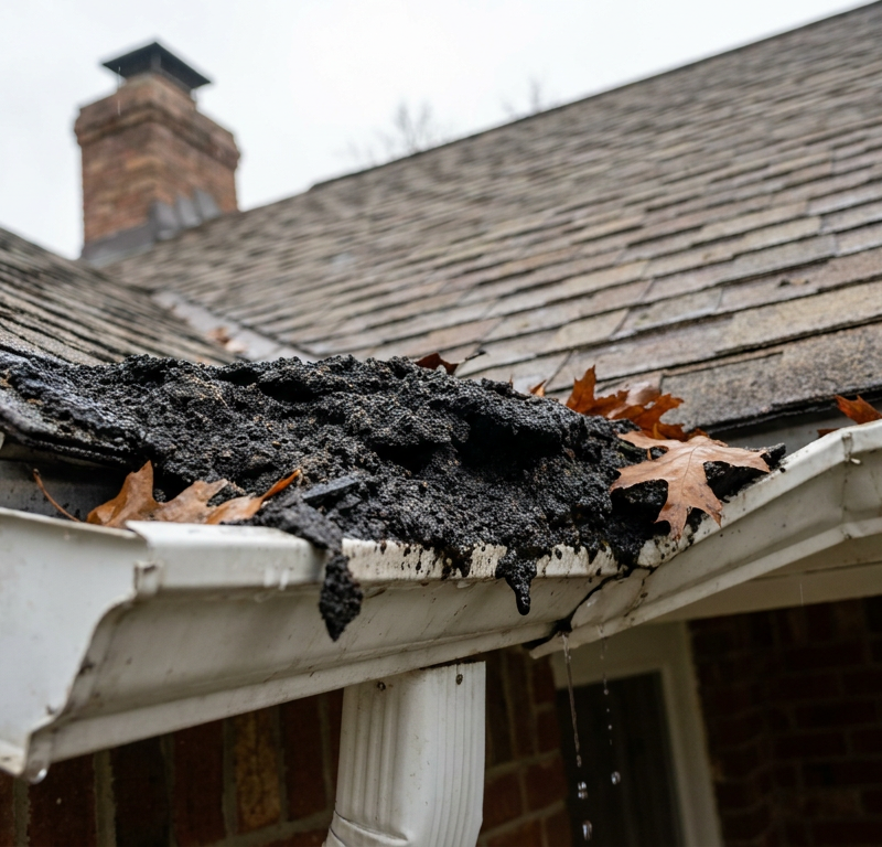 A house gutter clogged with a thick layer of black shingle granules washed down from the roof after a storm.