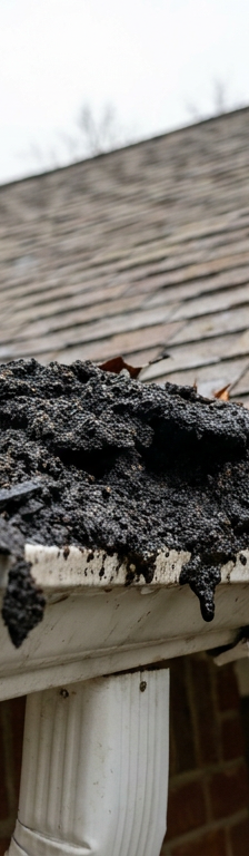 A house gutter clogged with a thick layer of black shingle granules washed down from the roof after a storm.