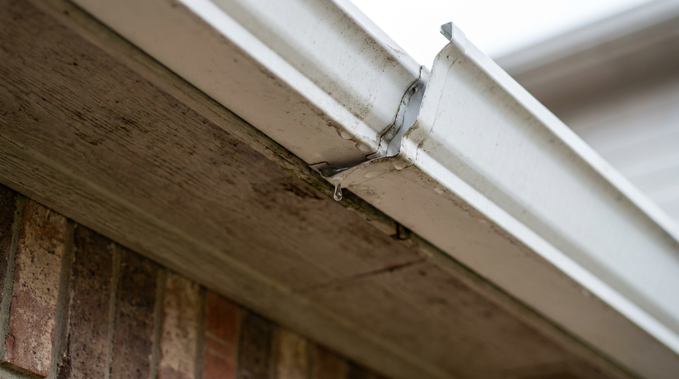 A close-up of a white gutter leaking at the seam, with a water droplet forming.