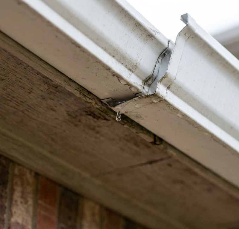 A close-up of a white gutter leaking at the seam, with a water droplet forming.