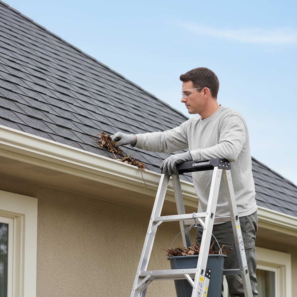 Homeowner safely cleaning leaves and debris from a aluminum gutter on a sunny day