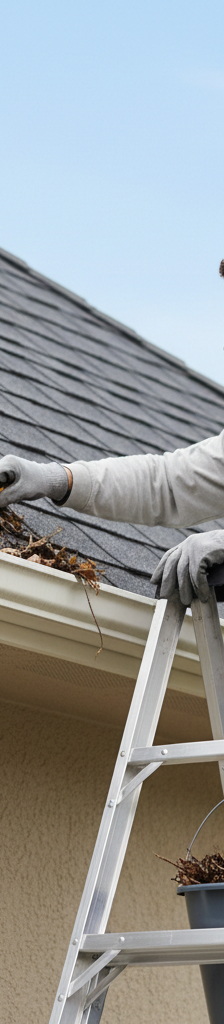 Homeowner safely cleaning leaves and debris from a aluminum gutter on a sunny day