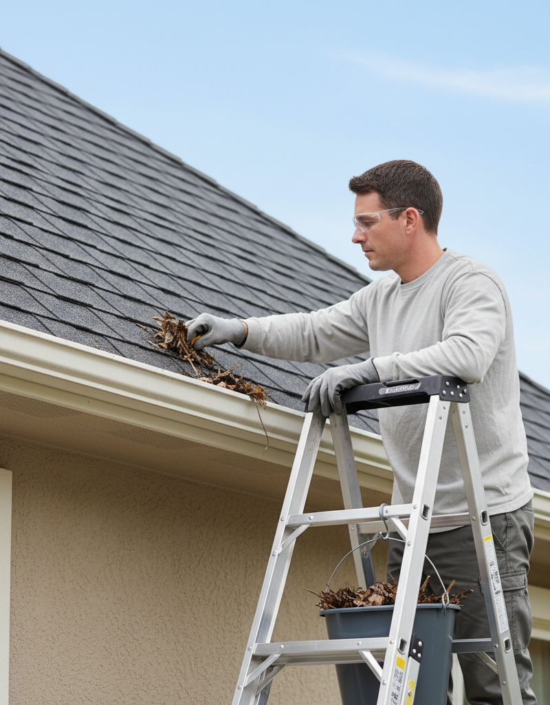 Homeowner safely cleaning leaves and debris from a aluminum gutter on a sunny day