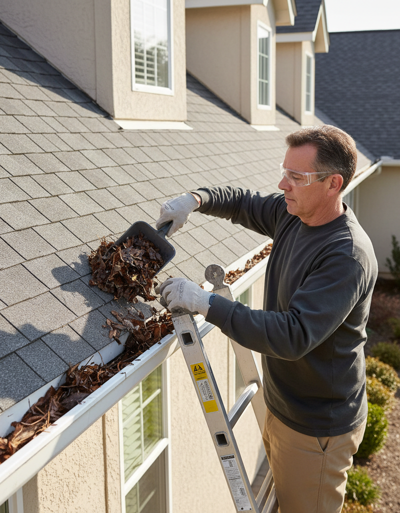 Homeowner safely cleaning clogged gutters with gloves and a scoop, preventing roof damage.