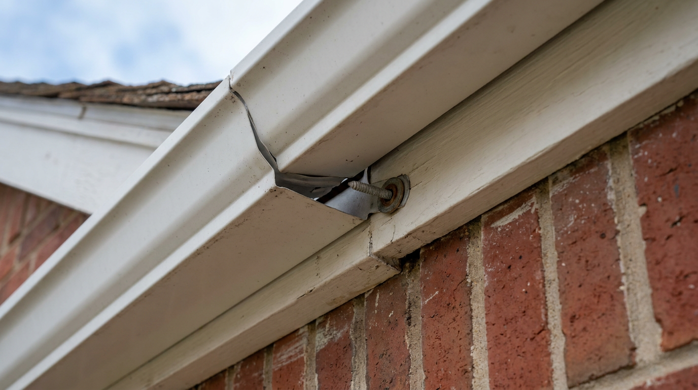 A white gutter with a loose hanger pulling away from the fascia board.