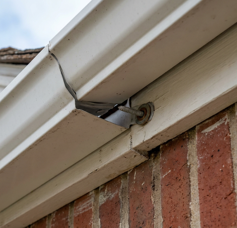 A white gutter with a loose hanger pulling away from the fascia board.