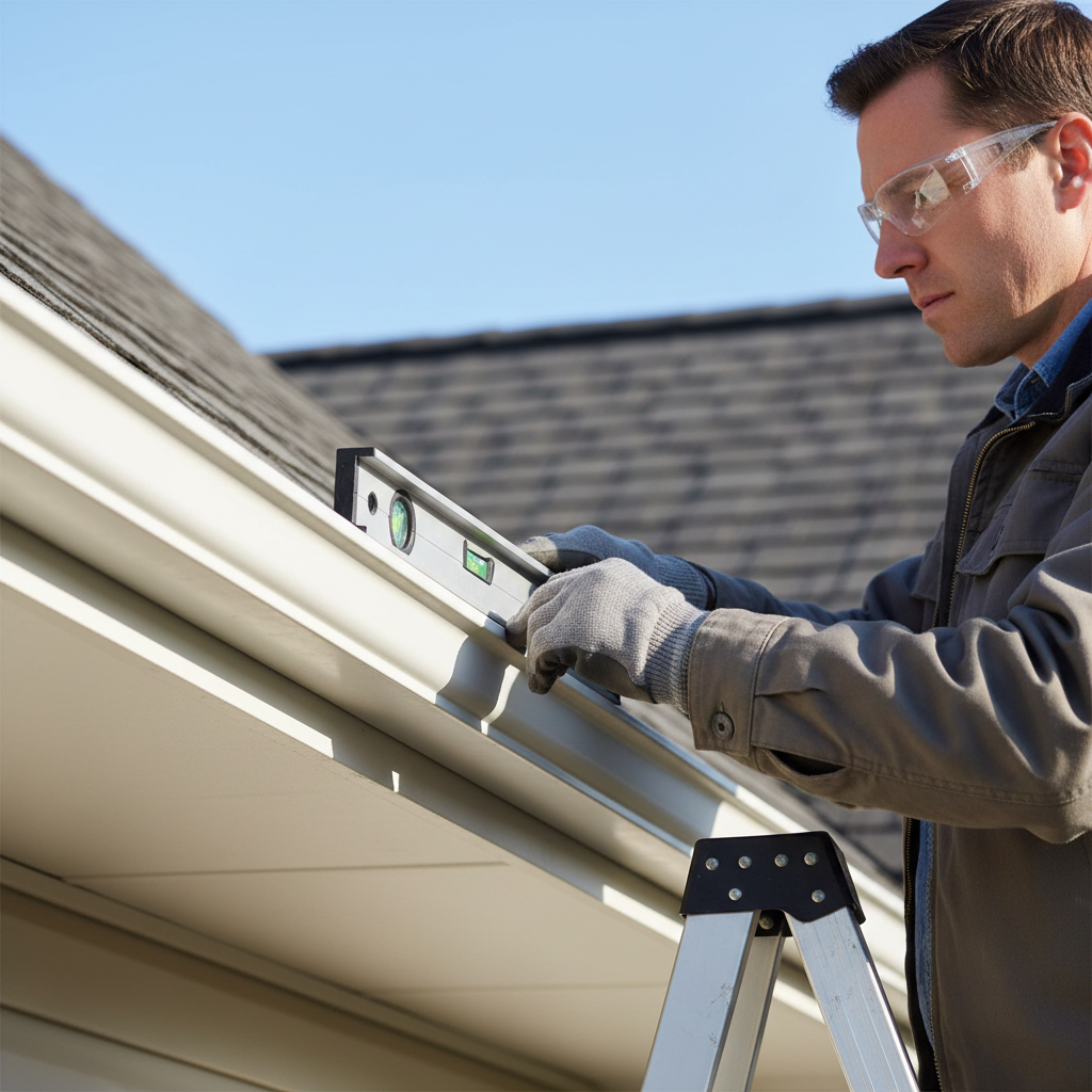 Homeowner on ladder checking gutter pitch with a level