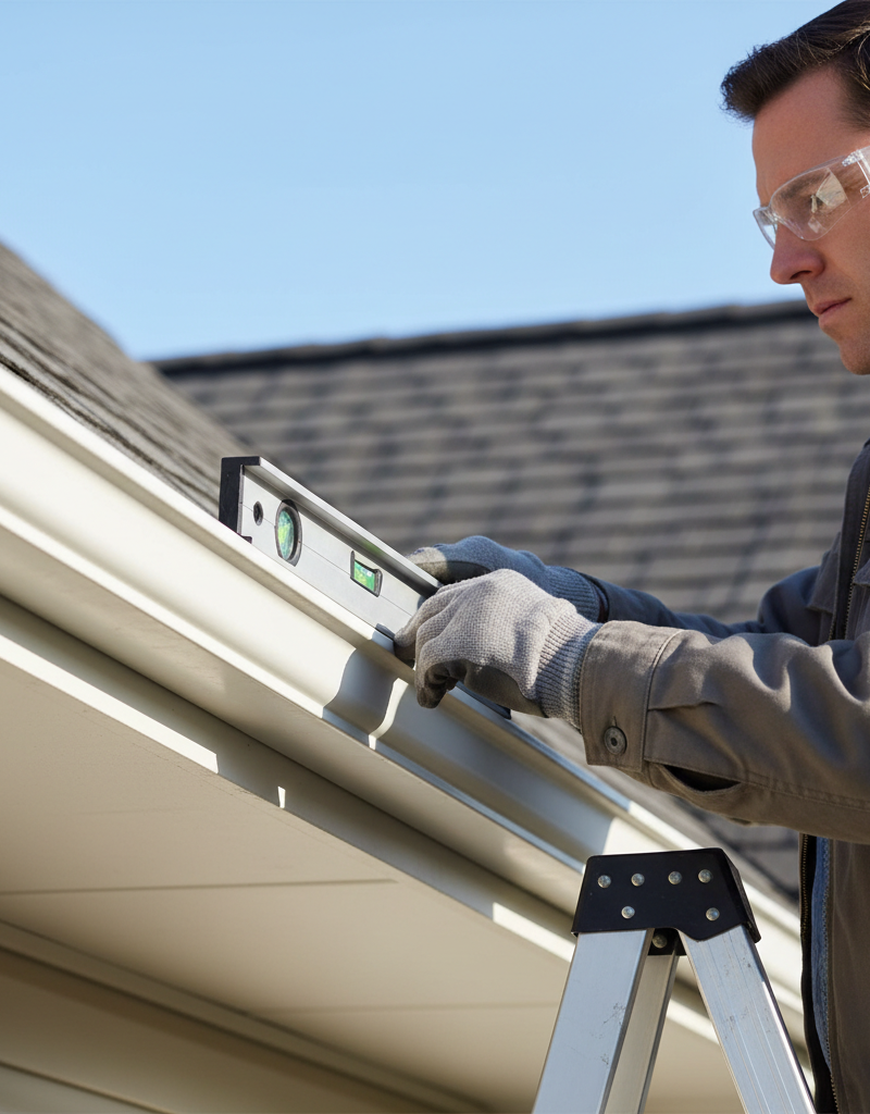 Homeowner on ladder checking gutter pitch with a level