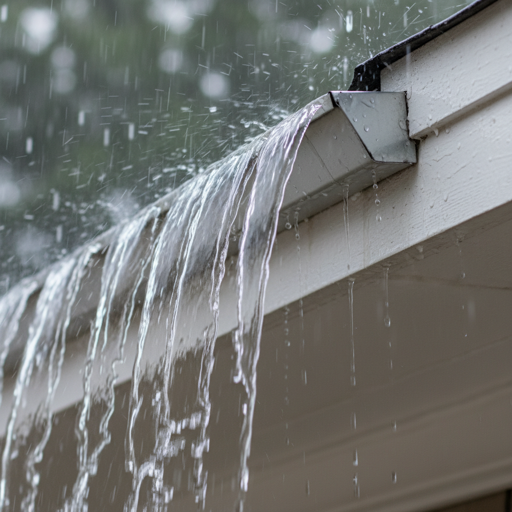 Clean gutter overflowing with water during heavy rain, demonstrating improper pitch