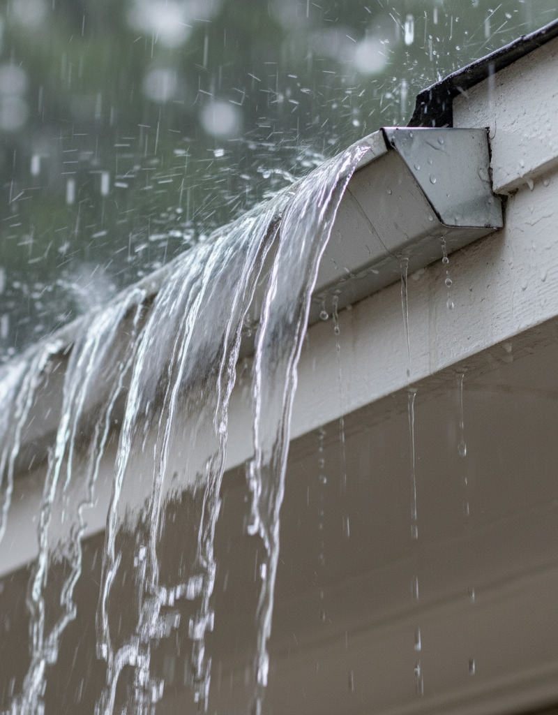 Clean gutter overflowing with water during heavy rain, demonstrating improper pitch