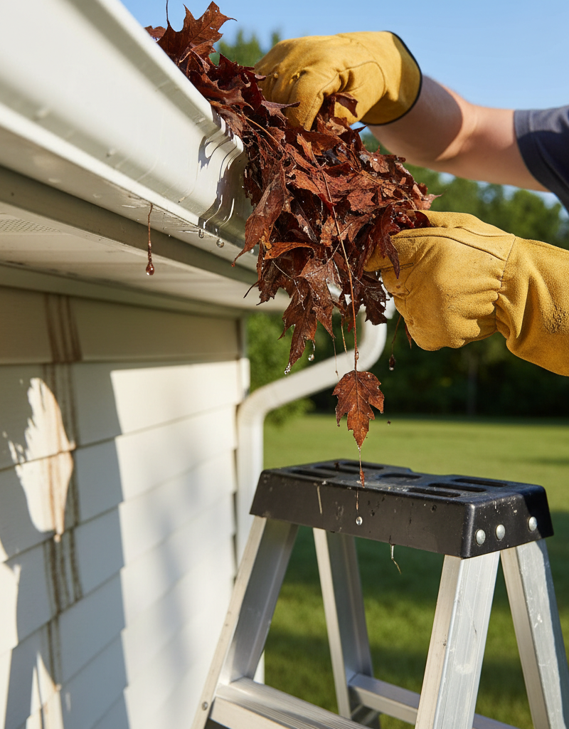 Homeowner on ladder cleaning leaves from an overflowing gutter