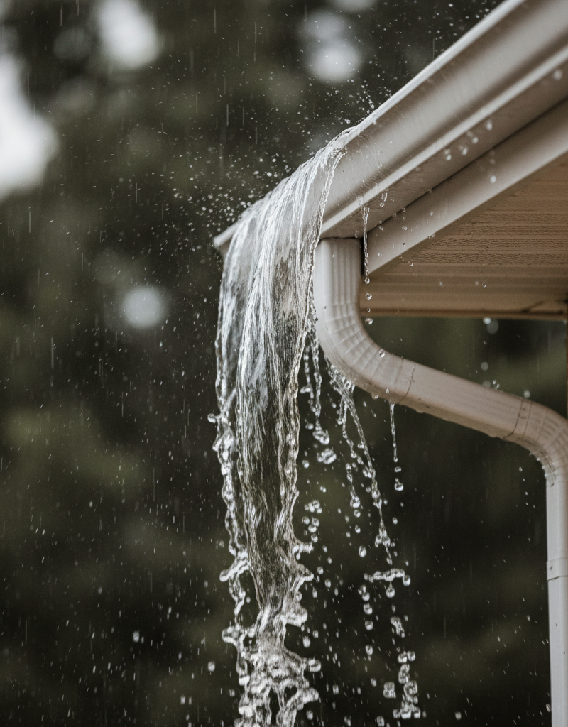 Gutter overflowing dramatically with clean water during a heavy rainstorm, cascading over the edge