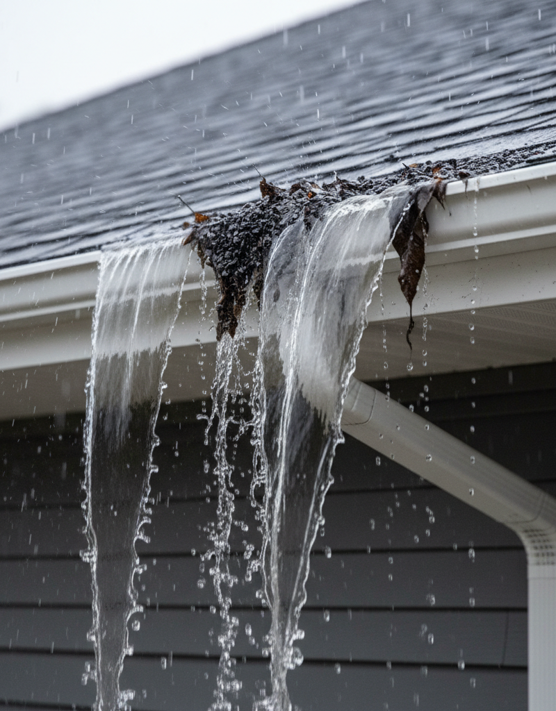 Gutter overflowing with water and leaves during heavy rain cascading over the side of a modern home