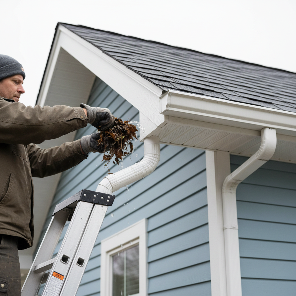 Homeowner clearing a downspout clog to fix an overflowing gutter during heavy rain.