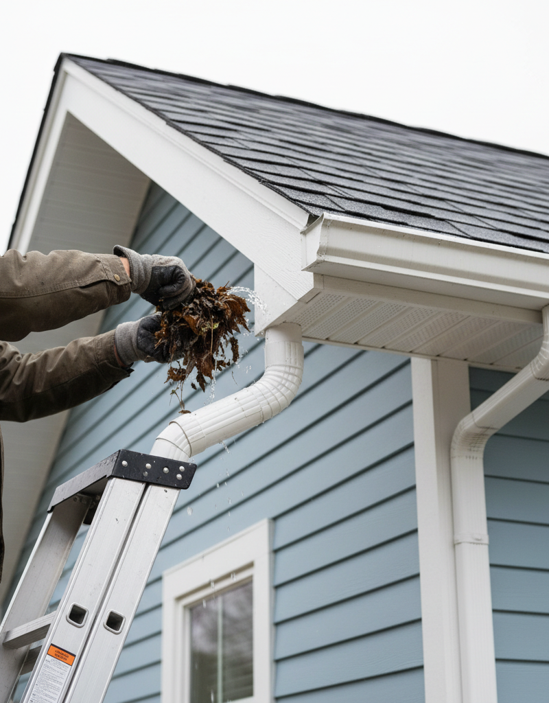 Homeowner clearing a downspout clog to fix an overflowing gutter during heavy rain.