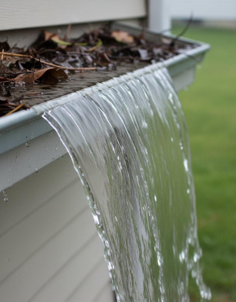 Gutter overflowing with water and leaves during a heavy rainstorm, showing water spilling onto the ground next to a house