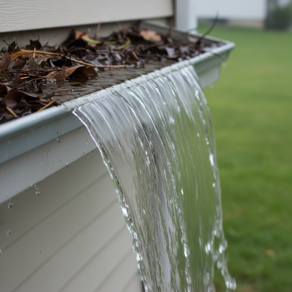 Gutter overflowing with water and leaves during a heavy rainstorm, showing water spilling onto the ground next to a house