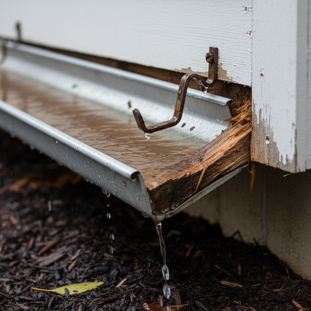 Gutter sagging after heavy rain, clearly showing a faulty hanger pulled from the fascia board.