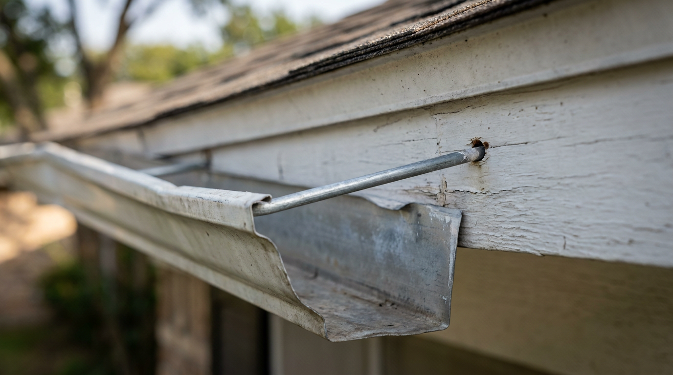 Close-up of a loose gutter spike pulling away from an exterior wooden fascia board