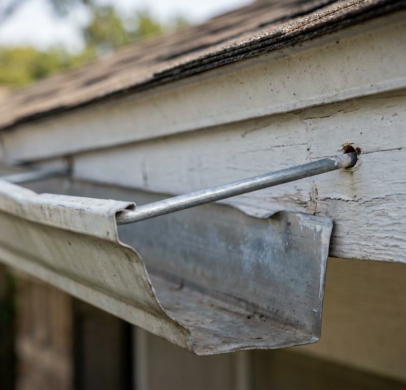 Close-up of a loose gutter spike pulling away from an exterior wooden fascia board