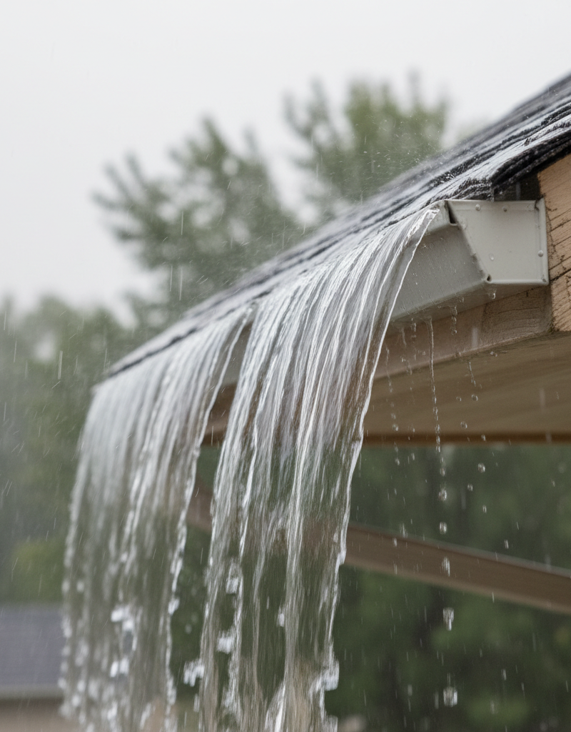 Overflowing gutter during heavy rain, showing water cascading over the edge.