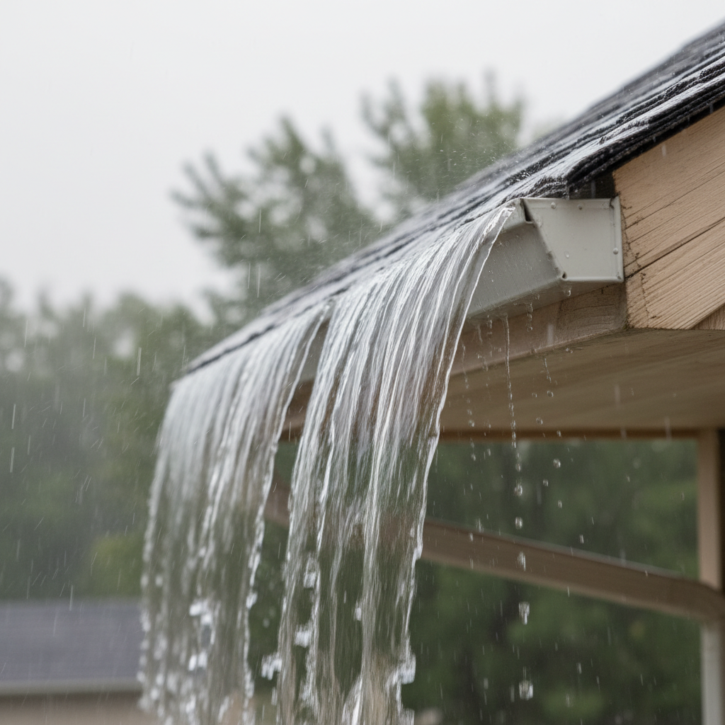 Overflowing gutter during heavy rain, showing water cascading over the edge.