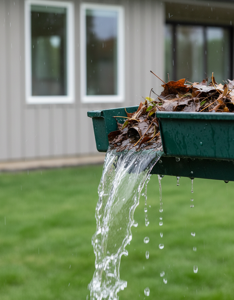 Overflowing K-style gutter during heavy rain with water pouring over the edge and debris visible near the downspout.