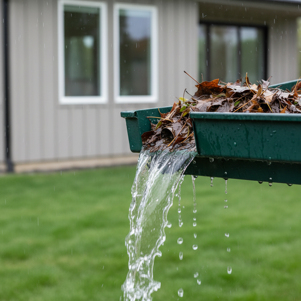 Overflowing K-style gutter during heavy rain with water pouring over the edge and debris visible near the downspout.