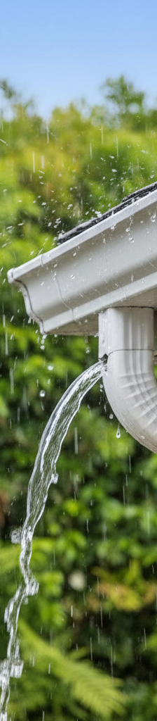 Clean gutter with water properly flowing into a downspout during heavy rain, no overflow.