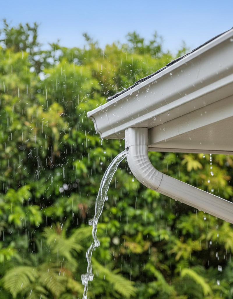 Clean gutter with water properly flowing into a downspout during heavy rain, no overflow.