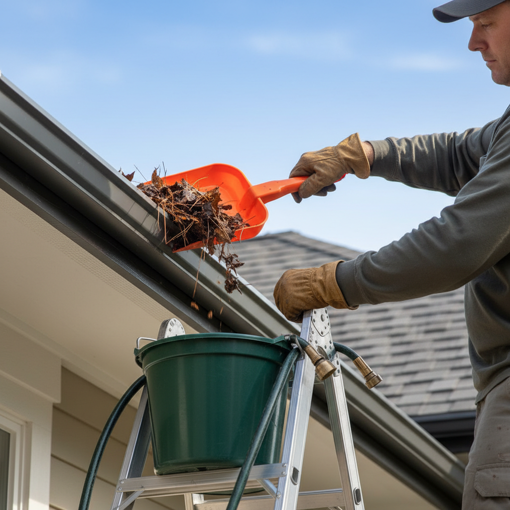 Homeowner on a ladder clearing leaves from an overflowing gutter system after heavy rain.