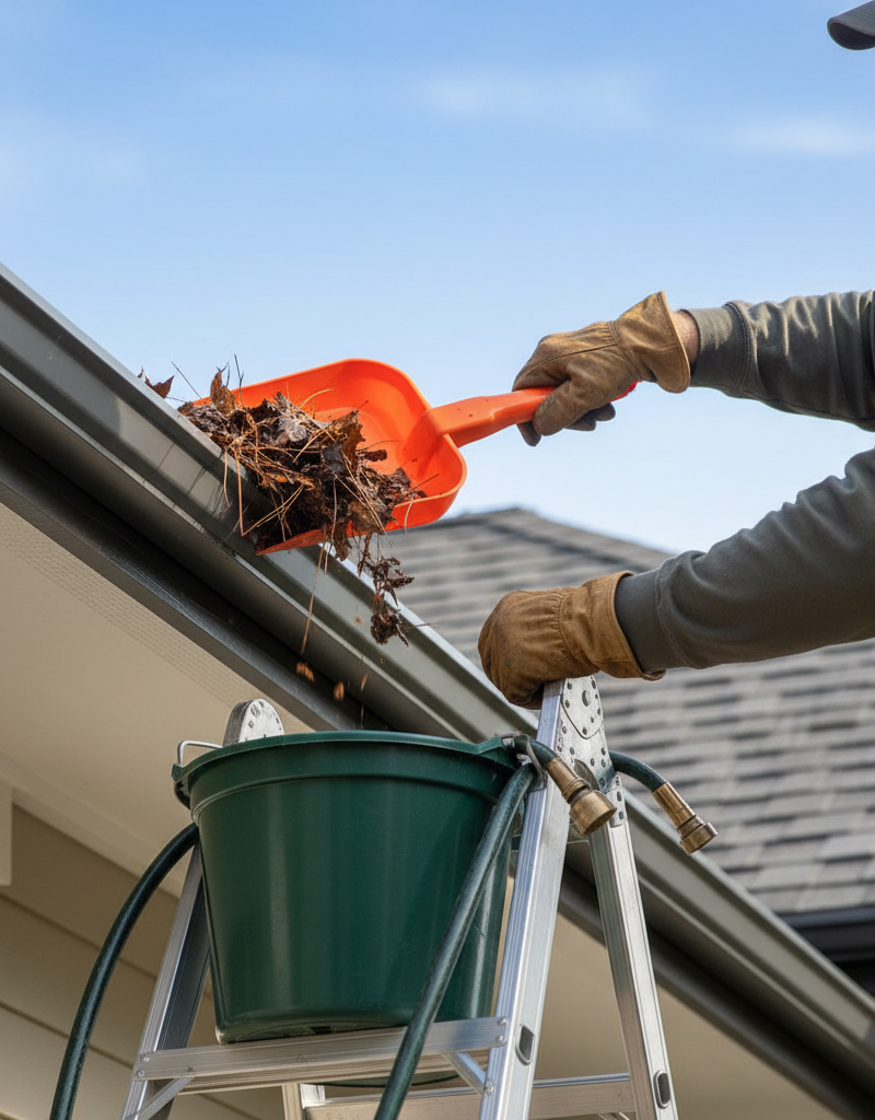 Homeowner on a ladder clearing leaves from an overflowing gutter system after heavy rain.