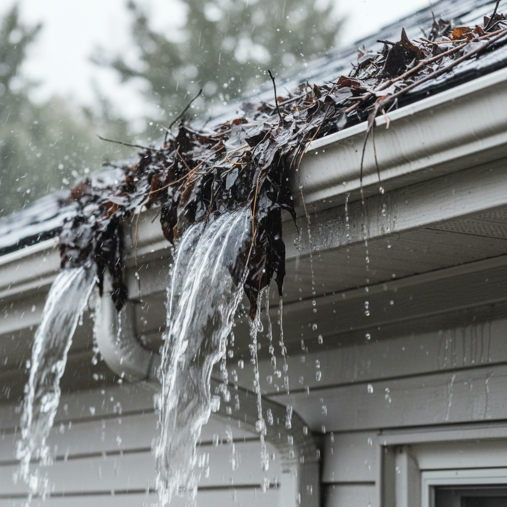 Overflowing gutter during heavy rain, spilling water onto residential siding.
