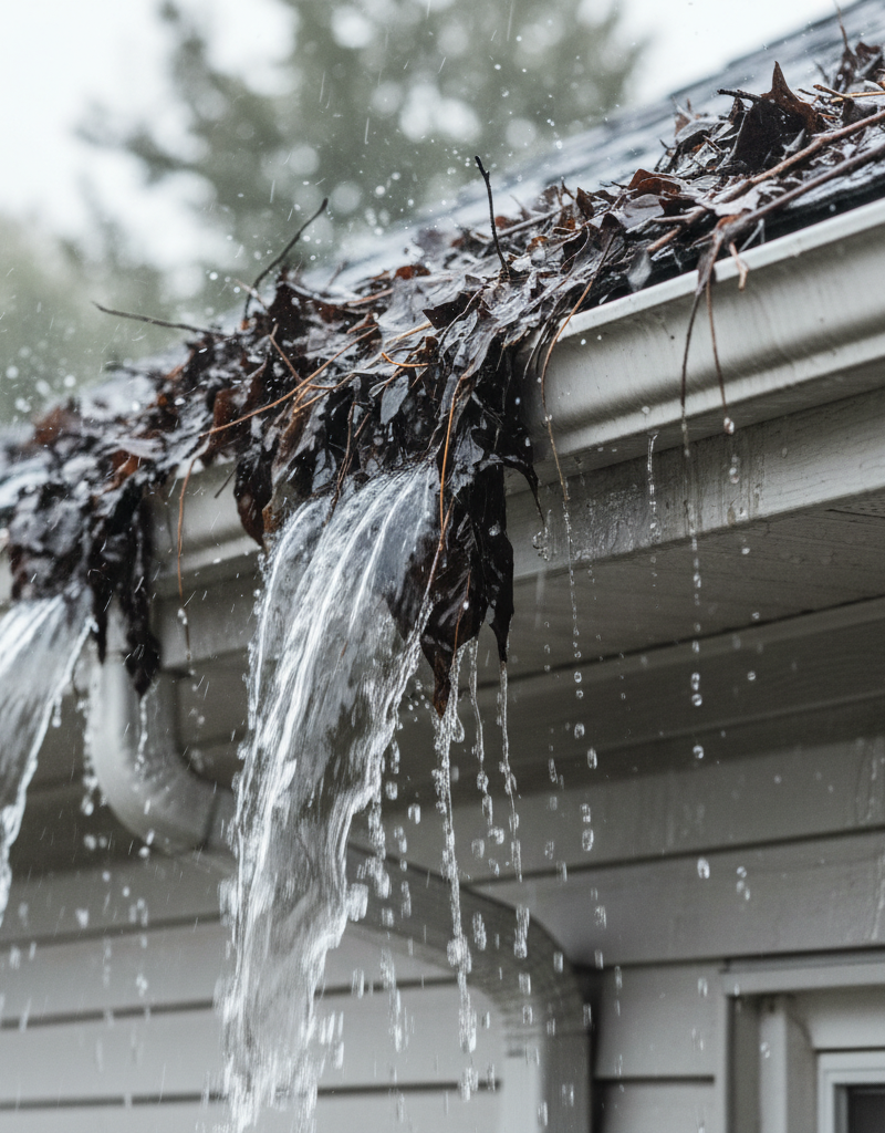 Overflowing gutter during heavy rain, spilling water onto residential siding.