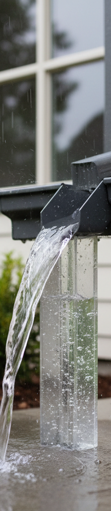 Clean gutter with clear water flowing smoothly into downspout during heavy rain, preventing overflow.
